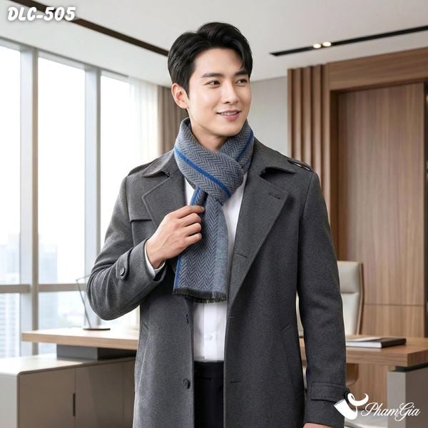 Khăn Choàng Dạ Lông Cừu Cao Cấp Họa Tiết Chevron Phối Sọc Xanh Màu Xám Ghi Lịch Lãm Cho Nam (DLC505)