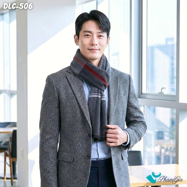 Khăn Choàng Dạ Lông Cừu Cao Cấp Họa Tiết Kẻ Sọc Phối Màu Đỏ - Xám Ghi Lịch Lãm Cho Nam (DLC506)