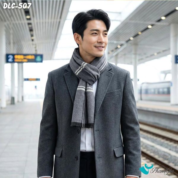 Khăn Choàng Dạ Lông Cừu Cao Cấp Họa Tiết Kẻ Sọc Màu Xám Lông Chuột Lịch Lãm Cho Nam (DLC507)