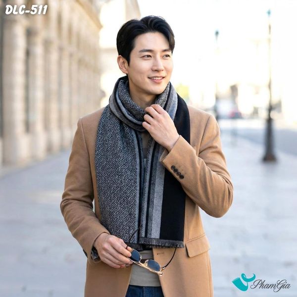 Khăn Choàng Dạ Lông Cừu Cao Cấp Họa Tiết Retro Màu Xám Ghi Lịch Lãm Cho Nam (DLC511)