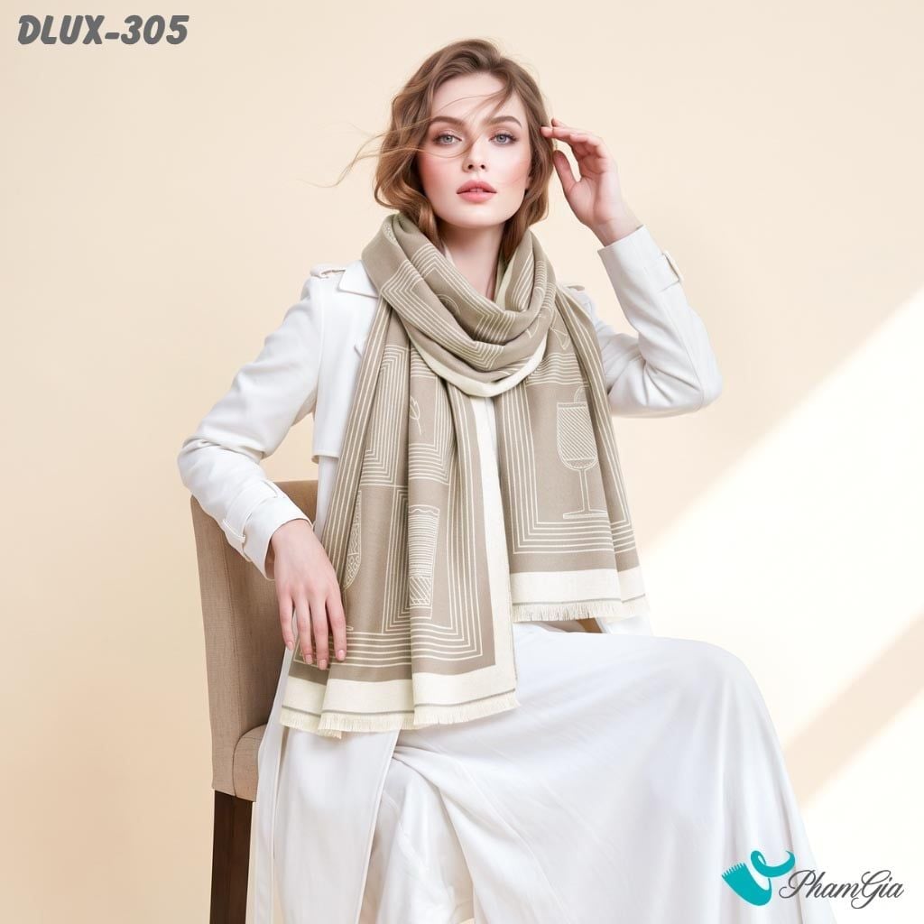 Khăn Choàng Dạ De Luxe Giữ Ấm Cao Cấp Họa Tiết Retro Trừu Tượng Màu Beige Cá Tính (DLUX305)