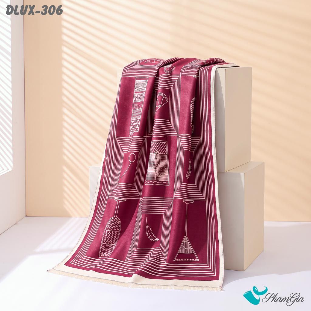 Khăn Choàng Dạ De Luxe Giữ Ấm Cao Cấp Họa Tiết Retro Trừu Tượng Màu Đỏ Rượu Cá Tính (DLUX306)