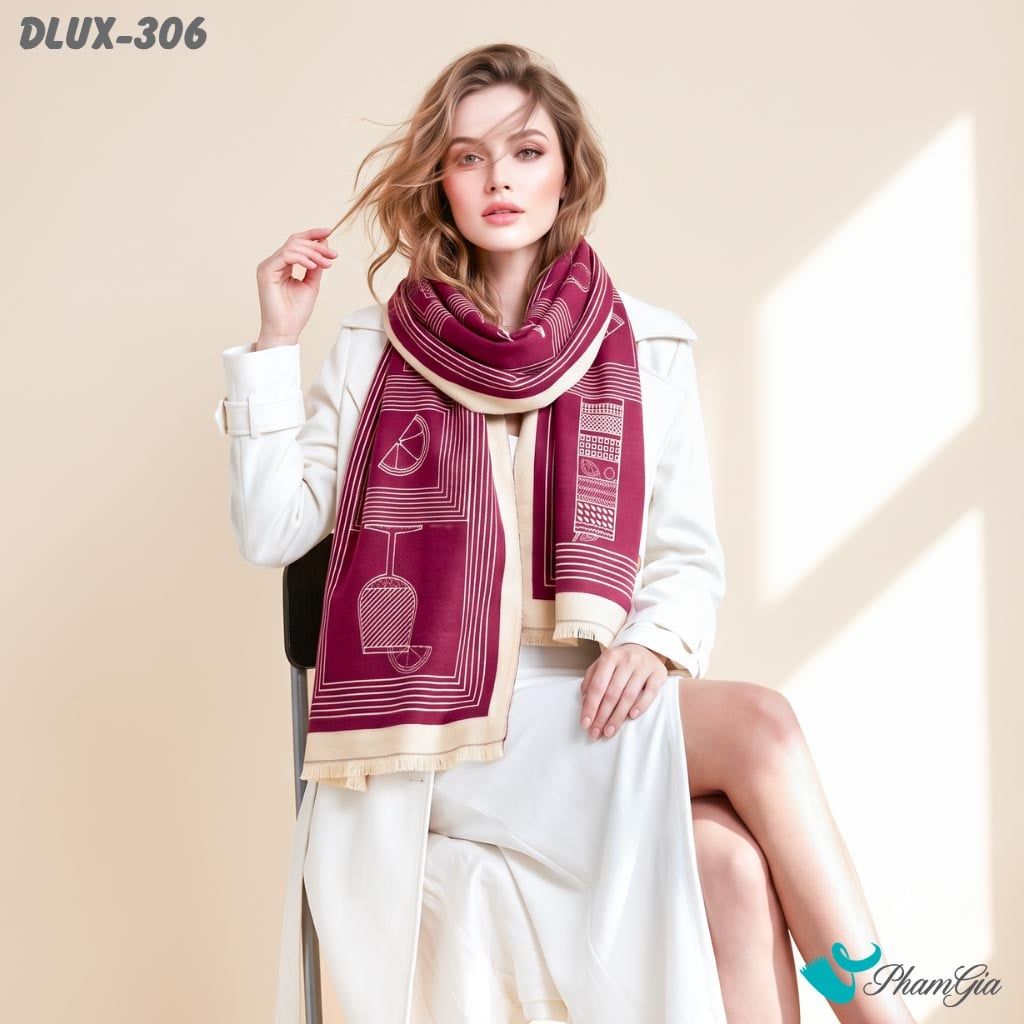 Khăn Choàng Dạ De Luxe Giữ Ấm Cao Cấp Họa Tiết Retro Trừu Tượng Màu Đỏ Rượu Cá Tính (DLUX306)