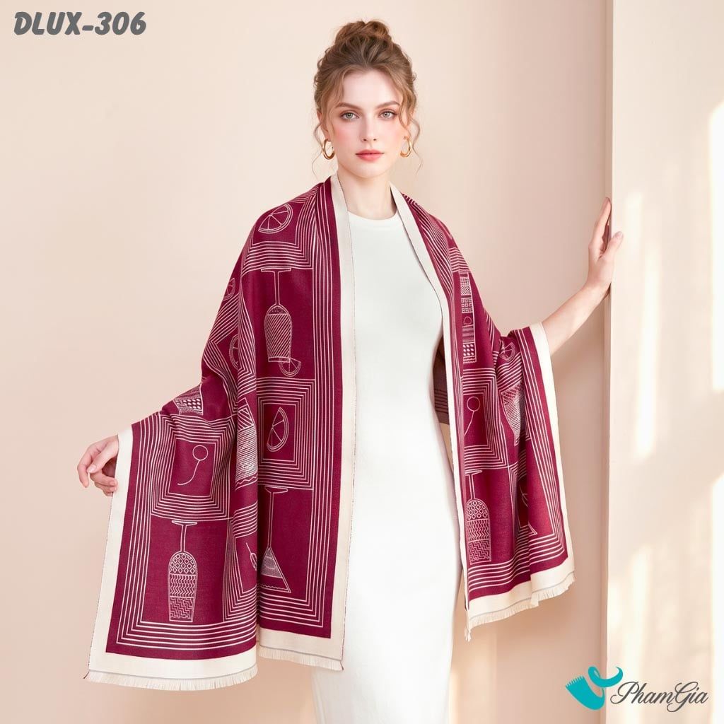 Khăn Choàng Dạ De Luxe Giữ Ấm Cao Cấp Họa Tiết Retro Trừu Tượng Màu Đỏ Rượu Cá Tính (DLUX306)
