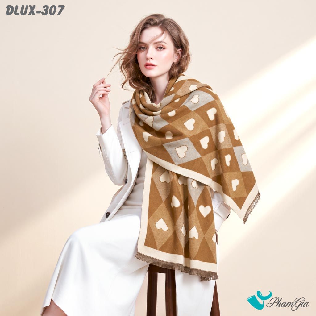 Khăn Choàng Dạ De Luxe Giữ Ấm Cao Cấp Họa Tiết Trái Tim Quả Trám Màu Nâu Thời Thượng (DLUX307)