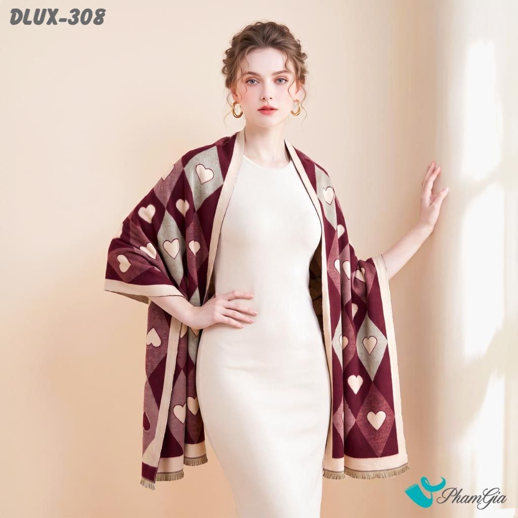 Khăn Choàng Dạ De Luxe Giữ Ấm Cao Cấp Họa Tiết Trái Tim Quả Trám Màu Đỏ Rượu Thời Thượng (DLUX308)