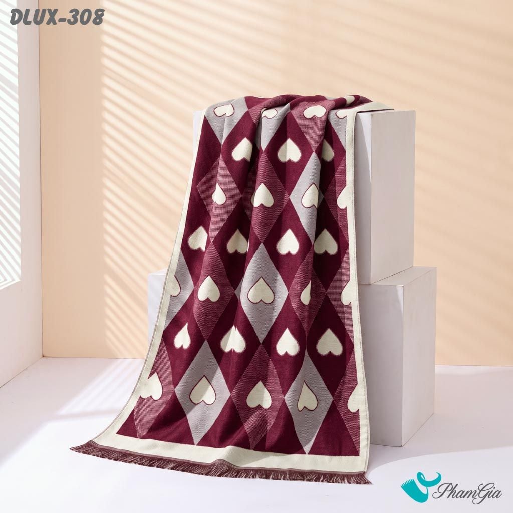 Khăn Choàng Dạ De Luxe Giữ Ấm Cao Cấp Họa Tiết Trái Tim Quả Trám Màu Đỏ Rượu Thời Thượng (DLUX308)