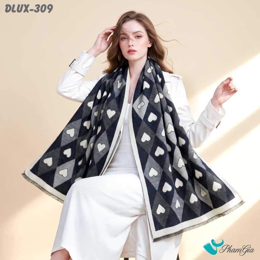 Khăn Choàng Dạ De Luxe Giữ Ấm Cao Cấp Họa Tiết Trái Tim Quả Trám Màu Trắng Đen Thời Thượng (DLUX309)