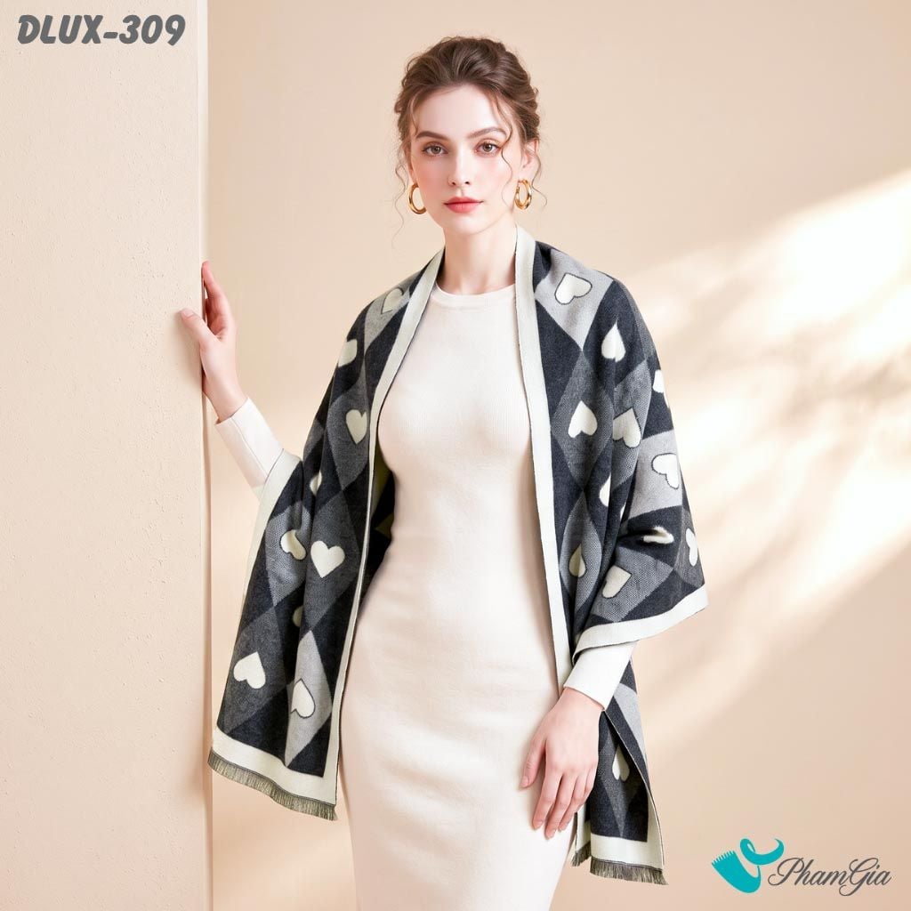 Khăn Choàng Dạ De Luxe Giữ Ấm Cao Cấp Họa Tiết Trái Tim Quả Trám Màu Trắng Đen Thời Thượng (DLUX309)