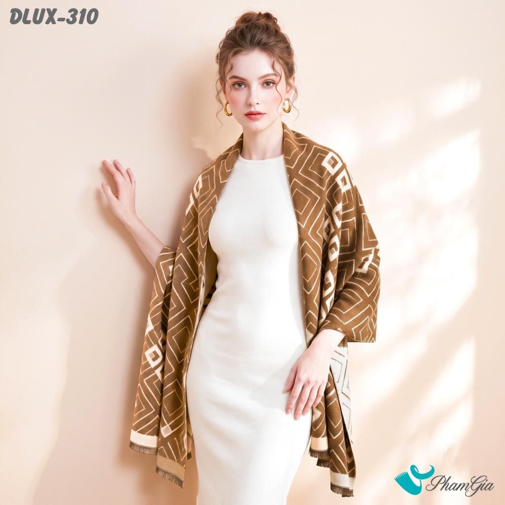 Khăn Choàng Dạ De Luxe Giữ Ấm Cao Cấp Họa Tiết Hình Học Retro Màu Nâu Cá Tính (DLUX310)