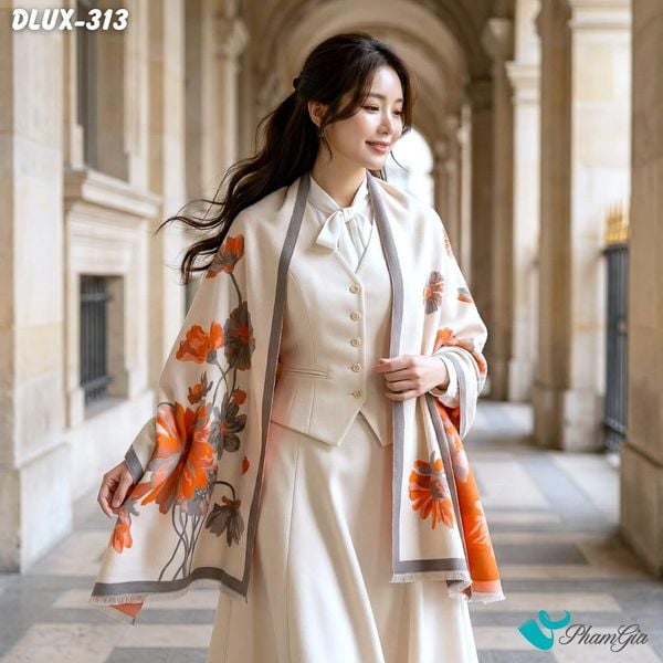 Khăn Choàng Dạ Cashmere Cao Cấp Họa Tiết Hoa Thược Dược Màu Cam (DLUX313)
