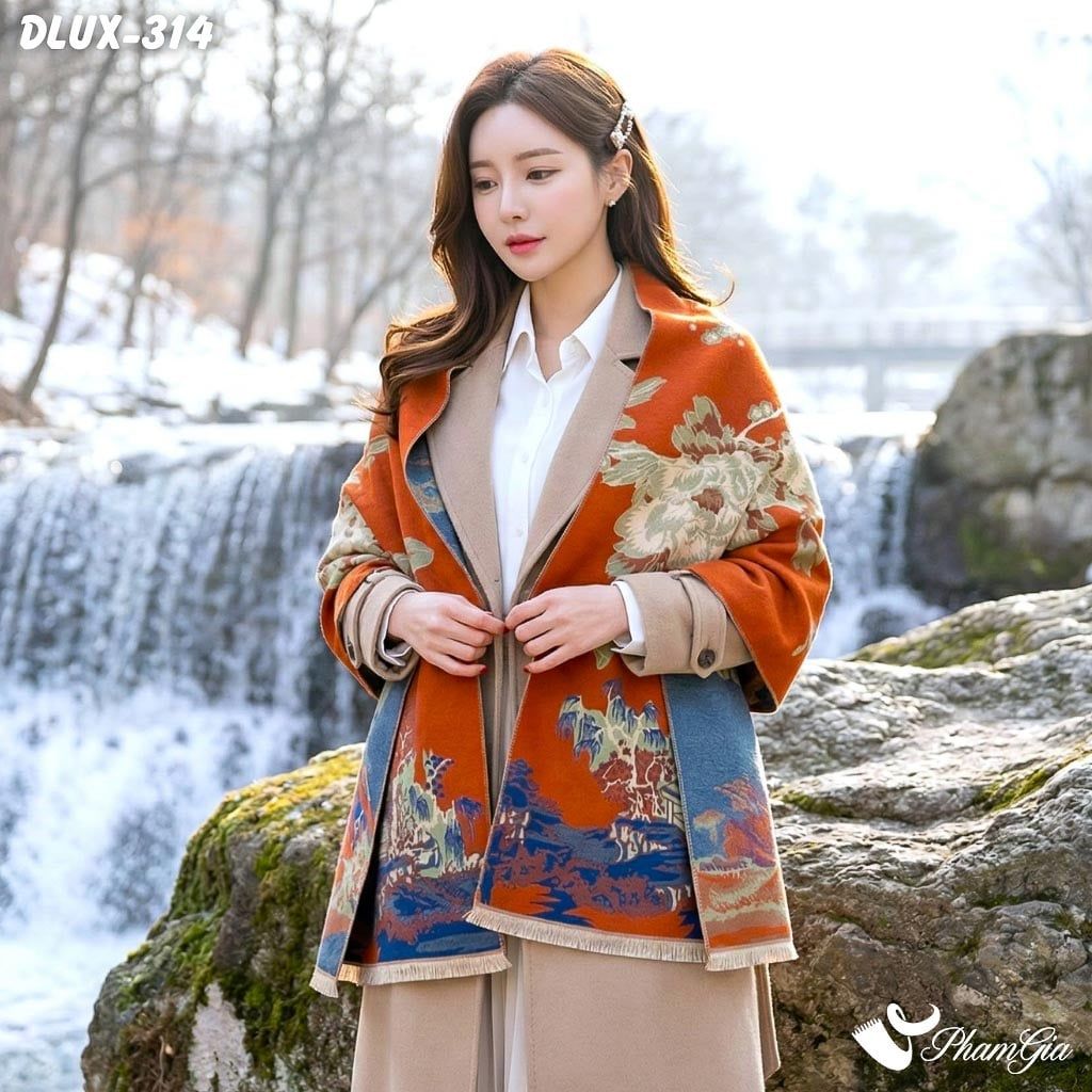Khăn Choàng Dạ Cashmere Cao Cấp Họa Tiết Hoa Sơn Thủy Màu Đỏ Gạch (DLUX314)