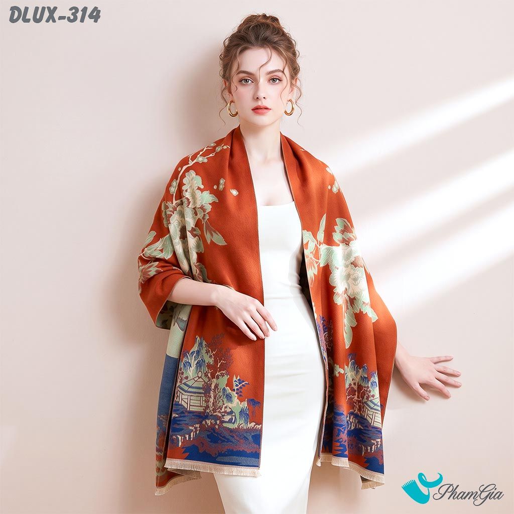 Khăn Choàng Dạ Cashmere Cao Cấp Họa Tiết Hoa Sơn Thủy Màu Đỏ Gạch (DLUX314)