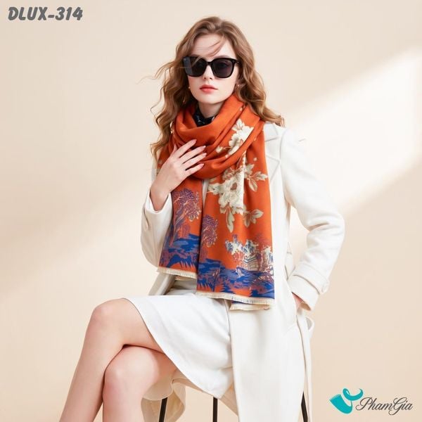 Khăn Choàng Dạ Cashmere Cao Cấp Họa Tiết Hoa Sơn Thủy Màu Đỏ Gạch (DLUX314)