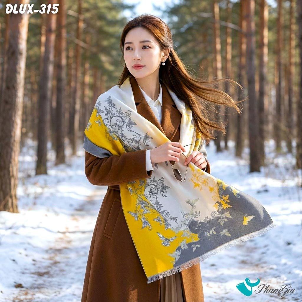 Khăn Choàng Dạ Cashmere Cao Cấp Họa Tiết Hoa Dây Leo Màu Vàng - Xám Trang Nhã (DLUX315)