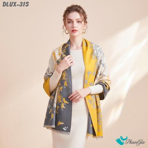 Khăn Choàng Dạ Cashmere Cao Cấp Họa Tiết Hoa Dây Leo Màu Vàng - Xám Trang Nhã (DLUX315)