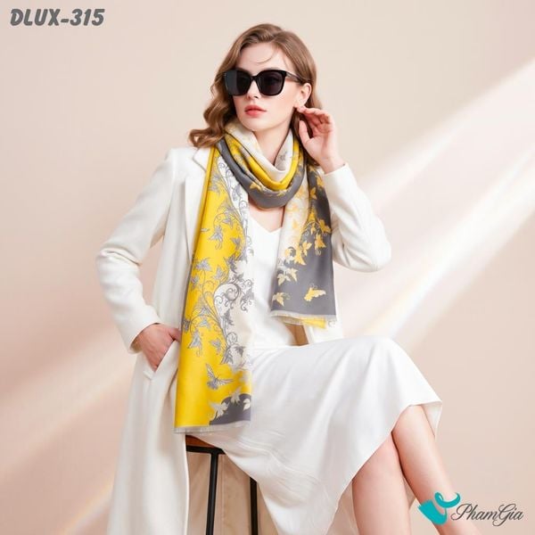 Khăn Choàng Dạ Cashmere Cao Cấp Họa Tiết Hoa Dây Leo Màu Vàng - Xám Trang Nhã (DLUX315)