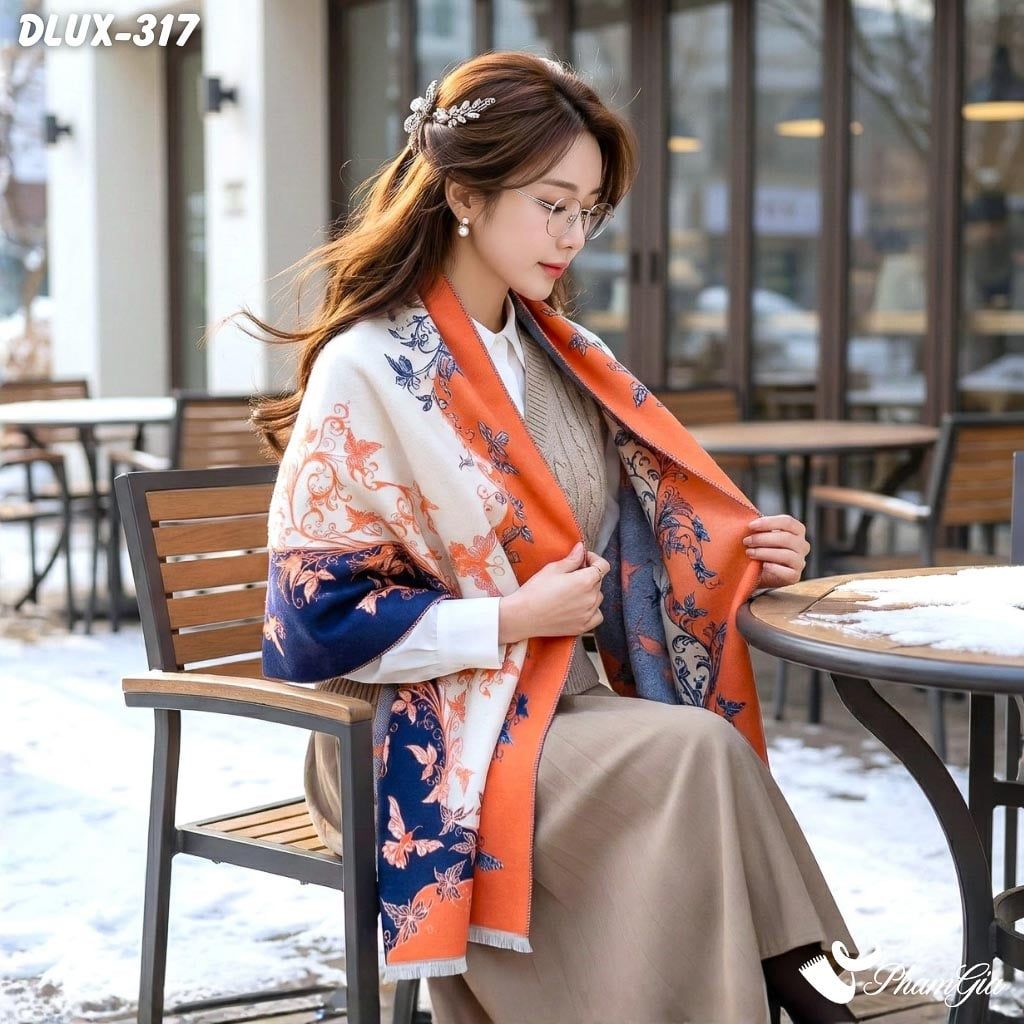 Khăn Choàng Dạ Cashmere Cao Cấp Họa Tiết Hoa Dây Leo Màu Cam - Xanh Navy Trang Nhã (DLUX317)