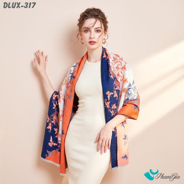 Khăn Choàng Dạ Cashmere Cao Cấp Họa Tiết Hoa Dây Leo Màu Cam - Xanh Navy Trang Nhã (DLUX317)