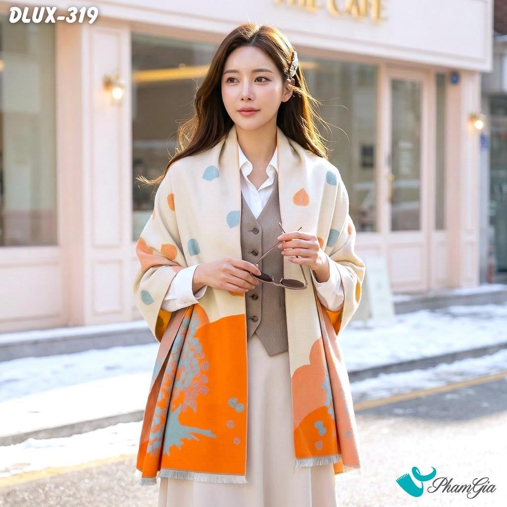 Khăn Choàng Dạ Cashmere Cao Cấp Họa Tiết Cây Bồ Đề Phối Nền Cam Sang Trọng (DLUX319)