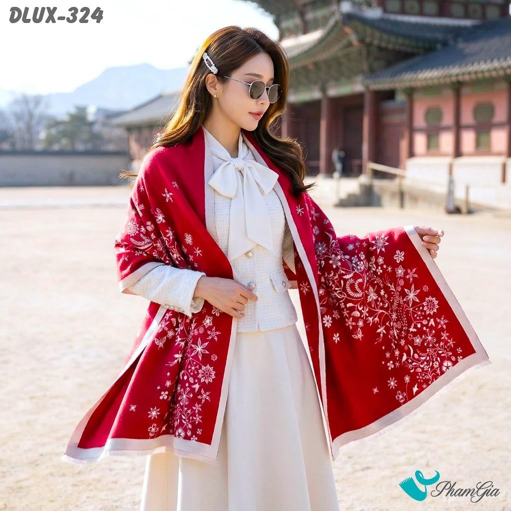 Khăn Choàng Dạ Cashmere Cao Cấp Họa Tiết Hoa Nguyệt Quế Màu Đỏ Quý Phái (DLUX324)