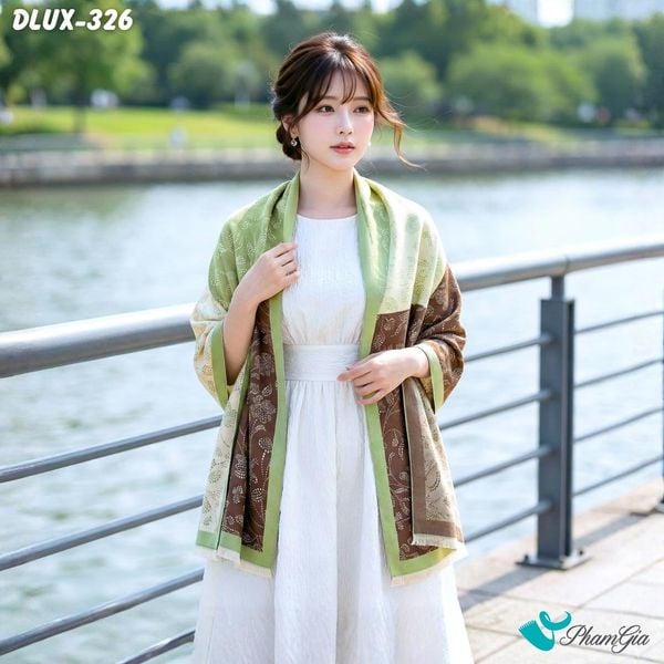 Khăn Choàng Dạ Cashmere Cao Cấp Họa Tiết Hoa Tường Vy Màu Xanh Pastel Thanh Lịch (DLUX326)