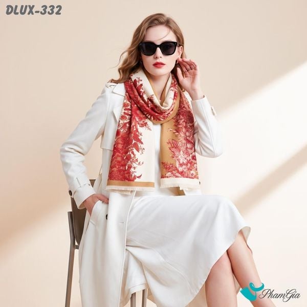 Khăn Choàng Dạ Cashmere Cao Cấp Họa Tiết Sắc Hoa Màu Đỏ Sang Trọng (DLUX332)