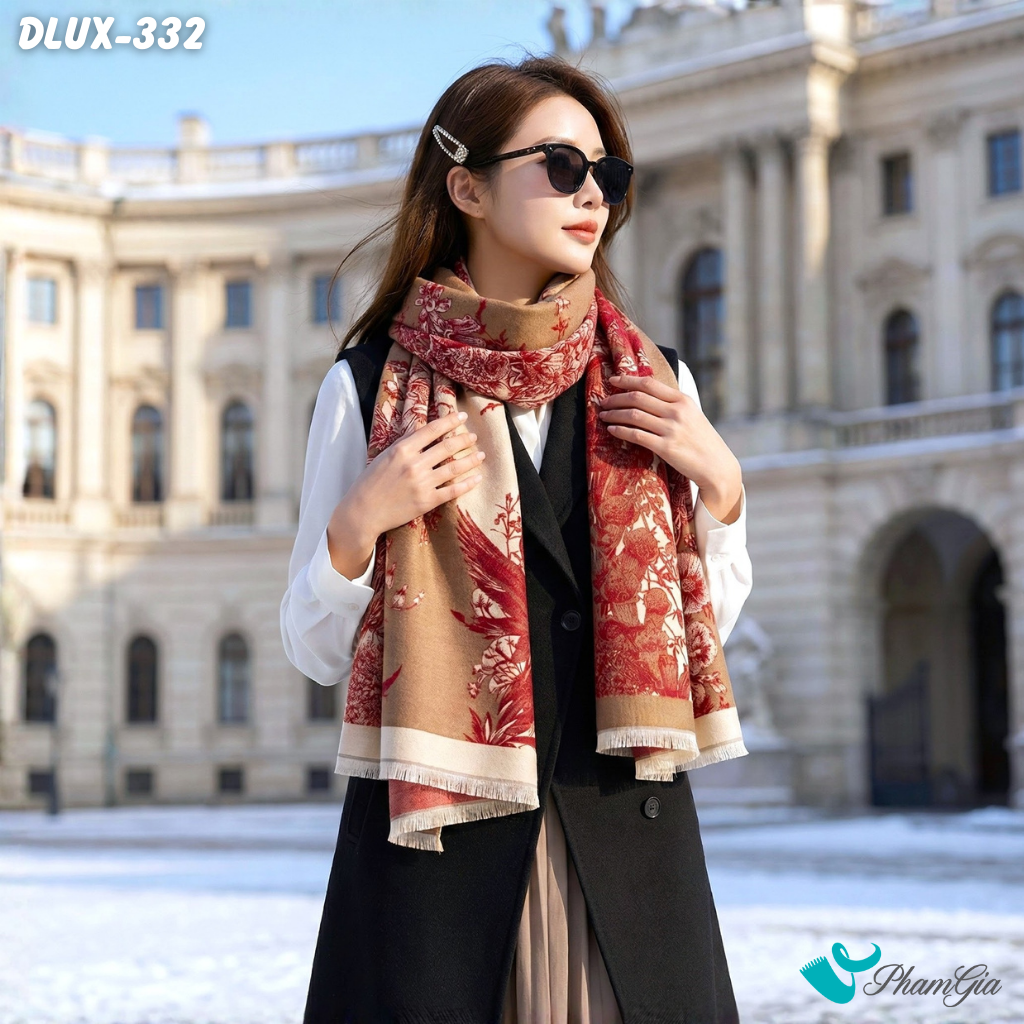Khăn Choàng Dạ Cashmere Cao Cấp Họa Tiết Sắc Hoa Màu Đỏ Sang Trọng (DLUX332)