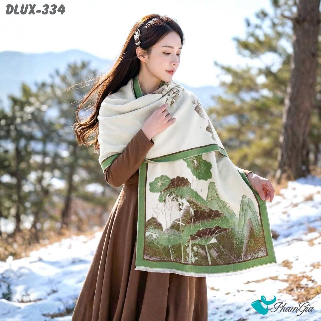 Khăn Choàng Dạ Cashmere Cao Cấp Họa Tiết Hoa Sen Sơn Thủy Màu Xanh Rêu Sang Trọng (DLUX334)