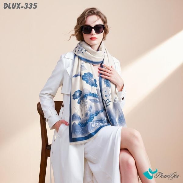 Khăn Choàng Dạ Cashmere Cao Cấp Họa Tiết Hoa Sen Sơn Thủy Màu Xanh Blue Sang Trọng (DLUX335)