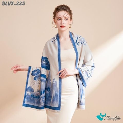 Khăn Choàng Dạ Cashmere Cao Cấp Họa Tiết Hoa Sen Sơn Thủy Màu Xanh Blue Sang Trọng (DLUX335)