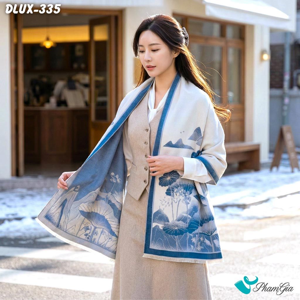 Khăn Choàng Dạ Cashmere Cao Cấp Họa Tiết Hoa Sen Sơn Thủy Màu Xanh Blue Sang Trọng (DLUX335)