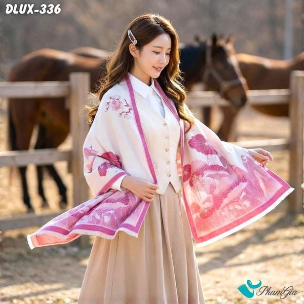 Khăn Choàng Dạ Cashmere Cao Cấp Họa Tiết Hoa Sen Sơn Thủy Màu Hồng Sang Trọng (DLUX336)