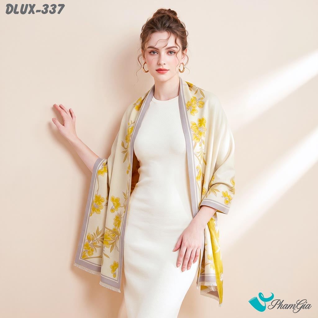 Khăn Choàng Dạ Cashmere Cao Cấp Họa Tiết Hoa Diên Vĩ Màu Vàng Trang Nhã (DLUX337)