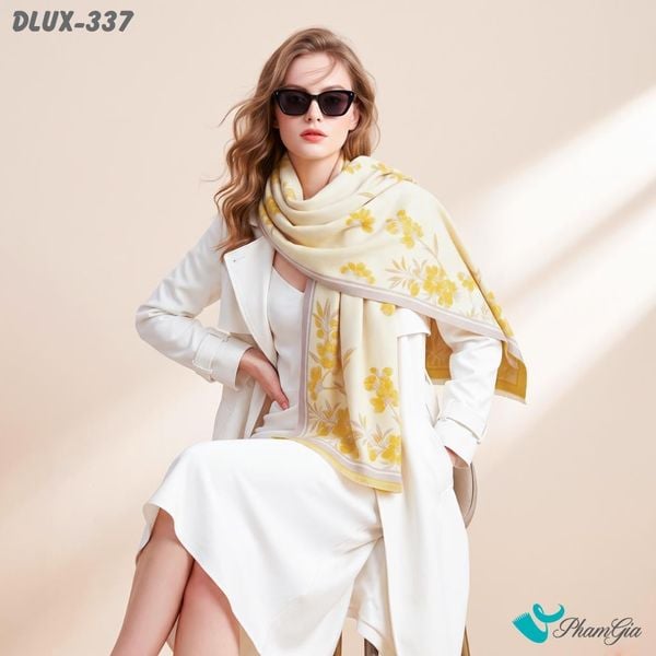 Khăn Choàng Dạ Cashmere Cao Cấp Họa Tiết Hoa Diên Vĩ Màu Vàng Trang Nhã (DLUX337)