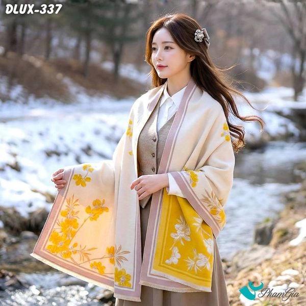 Khăn Choàng Dạ Cashmere Cao Cấp Họa Tiết Hoa Diên Vĩ Màu Vàng Trang Nhã (DLUX337)