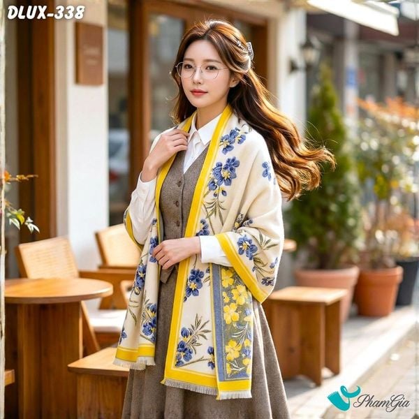 Khăn Choàng Dạ Cashmere Cao Cấp Họa Tiết Hoa Diên Vĩ Màu Xanh Navy Trang Nhã (DLUX338)