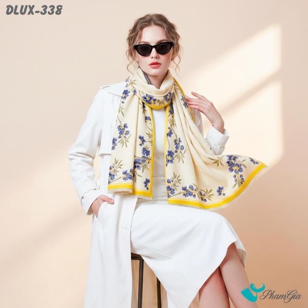 Khăn Choàng Dạ Cashmere Cao Cấp Họa Tiết Hoa Diên Vĩ Màu Xanh Navy Trang Nhã (DLUX338)