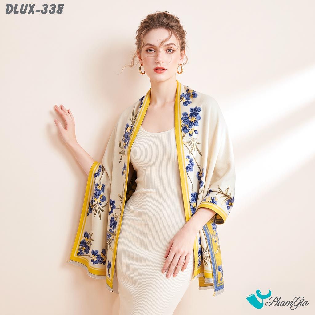 Khăn Choàng Dạ Cashmere Cao Cấp Họa Tiết Hoa Diên Vĩ Màu Xanh Navy Trang Nhã (DLUX338)