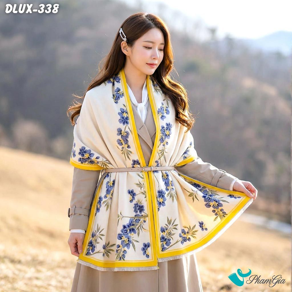 Khăn Choàng Dạ Cashmere Cao Cấp Họa Tiết Hoa Diên Vĩ Màu Xanh Navy Trang Nhã (DLUX338)