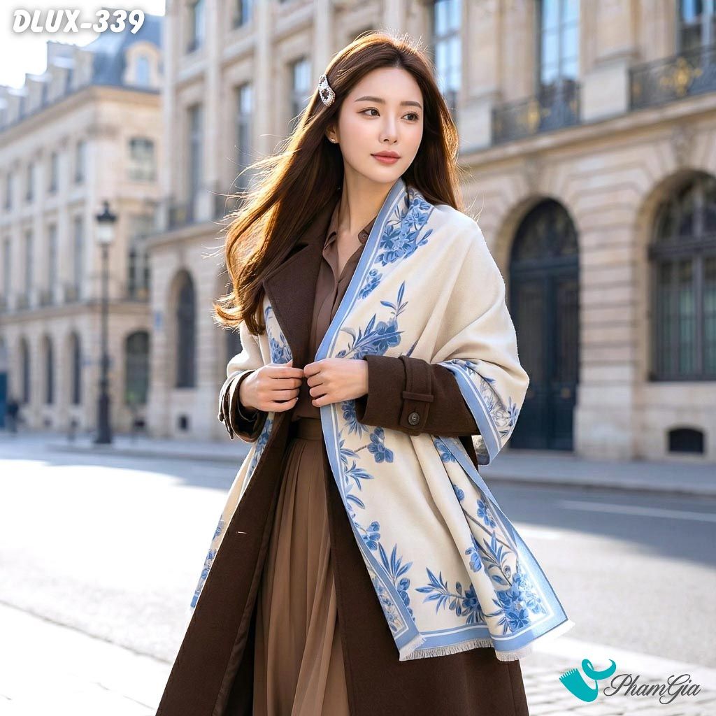 Khăn Choàng Dạ Cashmere Cao Cấp Họa Tiết Hoa Diên Vĩ Màu Xanh Lơ Trang Nhã (DLUX339)