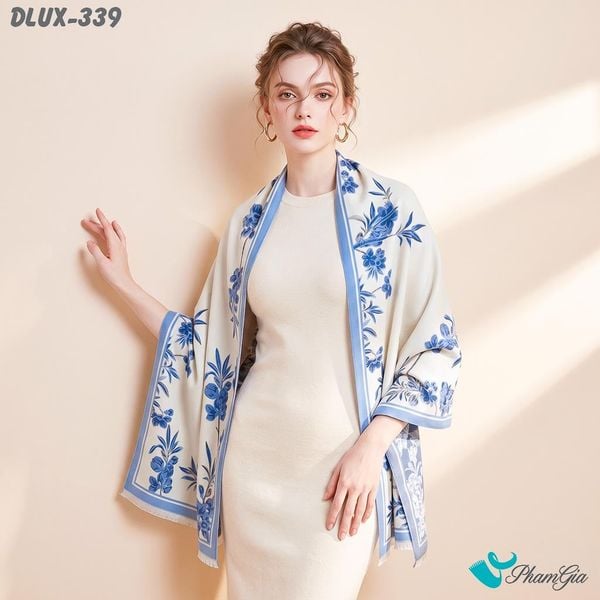 Khăn Choàng Dạ Cashmere Cao Cấp Họa Tiết Hoa Diên Vĩ Màu Xanh Lơ Trang Nhã (DLUX339)