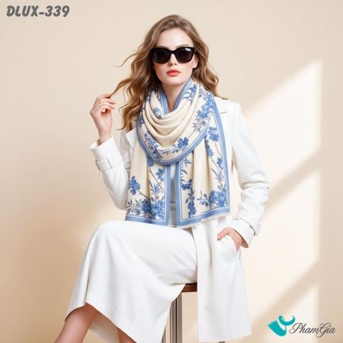 Khăn Choàng Dạ Cashmere Cao Cấp Họa Tiết Hoa Diên Vĩ Màu Xanh Lơ Trang Nhã (DLUX339)