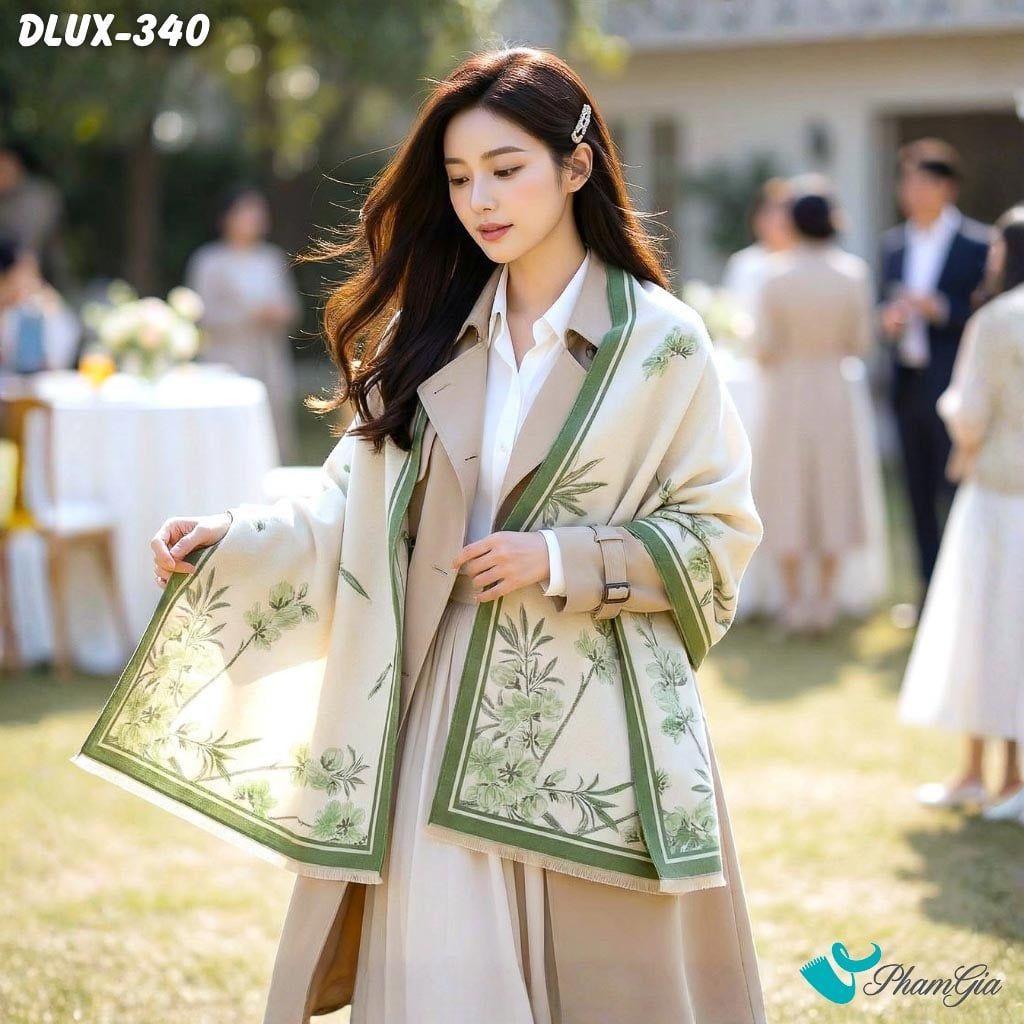 Khăn Choàng Dạ Cashmere Cao Cấp Họa Tiết Hoa Diên Vĩ Màu Xanh Matcha Trang Nhã (DLUX340)