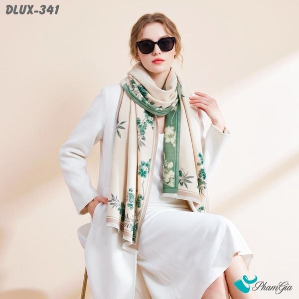Khăn Choàng Dạ Cashmere Cao Cấp Họa Tiết Hoa Diên Vĩ Màu Xanh Ngọc Bích Trang Nhã (DLUX341)