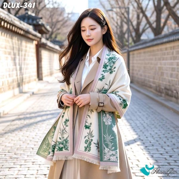Khăn Choàng Dạ Cashmere Cao Cấp Họa Tiết Hoa Diên Vĩ Màu Xanh Ngọc Bích Trang Nhã (DLUX341)
