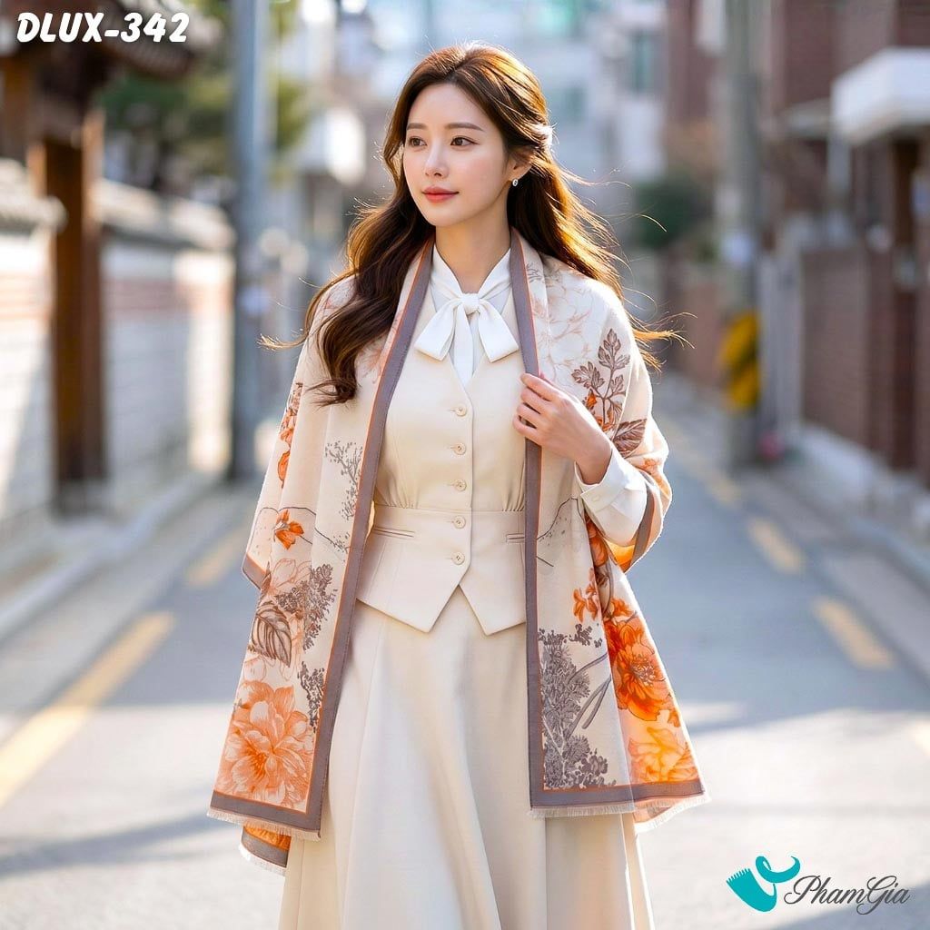 Khăn Choàng Dạ Cashmere Cao Cấp Họa Tiết Hoa Hồng Màu Cam Thanh Lịch (DLUX342)