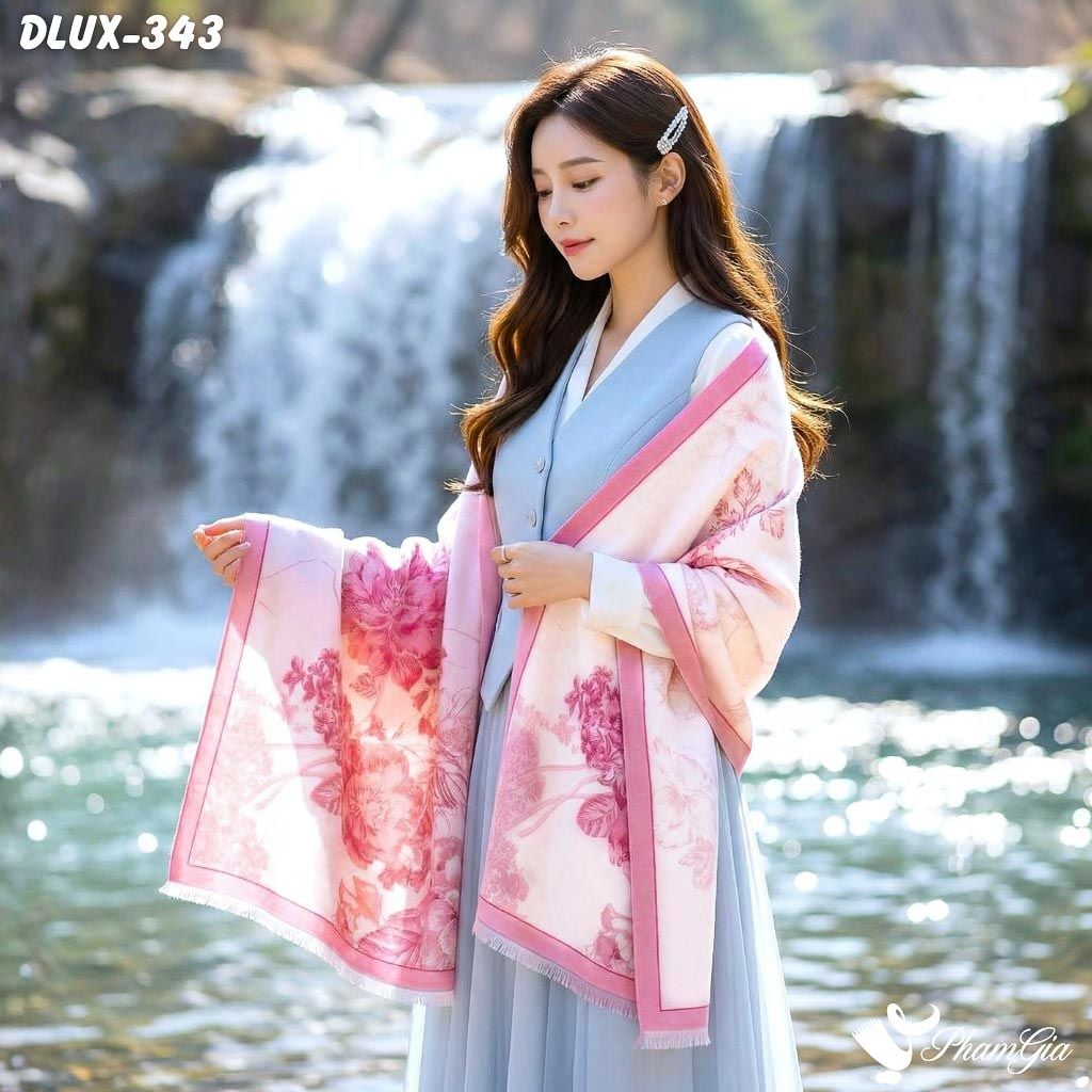 Khăn Choàng Dạ Cashmere Cao Cấp Họa Tiết Hoa Hồng Màu Hồng Thanh Lịch (DLUX343)