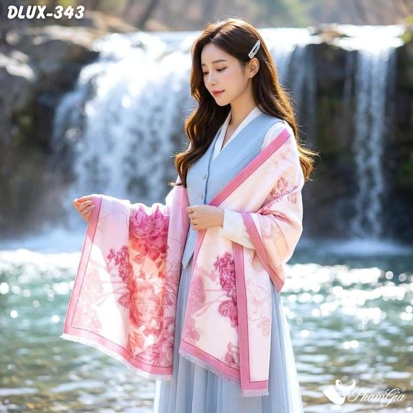 Khăn Choàng Dạ Cashmere Cao Cấp Họa Tiết Hoa Hồng Màu Hồng Thanh Lịch (DLUX343)