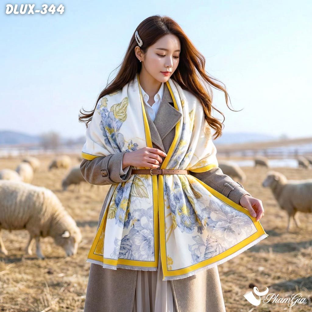 Khăn Choàng Dạ Cashmere Cao Cấp Họa Tiết Hoa Hồng Màu Vàng Thanh Lịch (DLUX344)